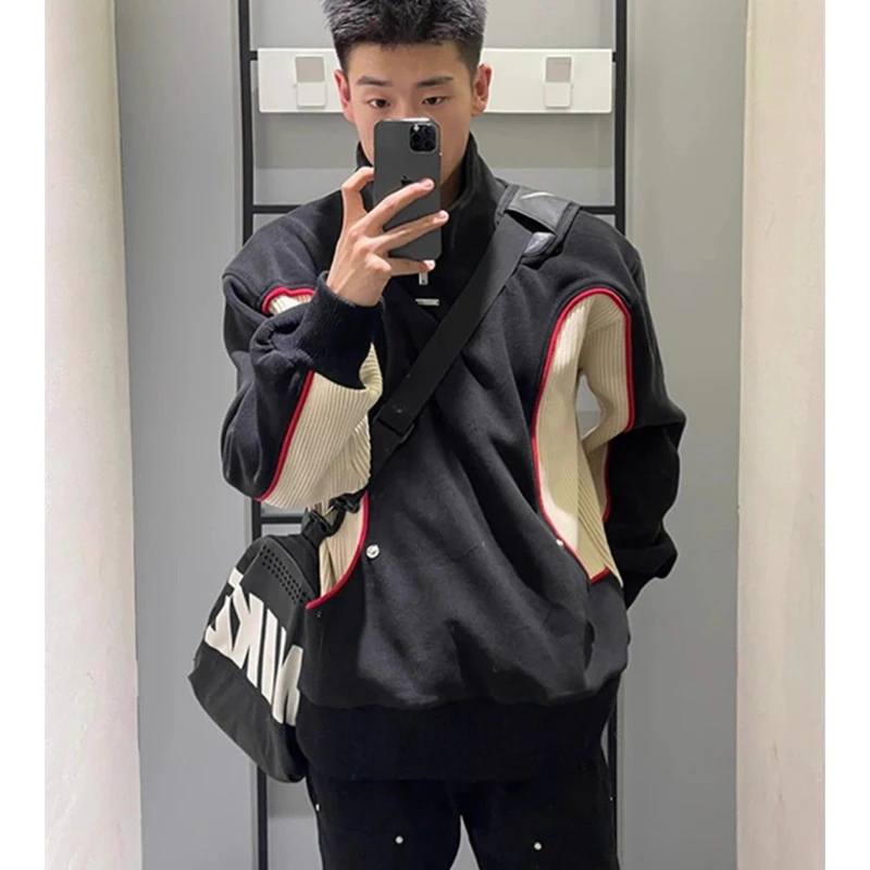 Men's American Retro Half-Zip Stand Collar Sweatshirt, Corduroy Patchwork Casual Streetwear Jacket, Spring Autumn Fashion Tops