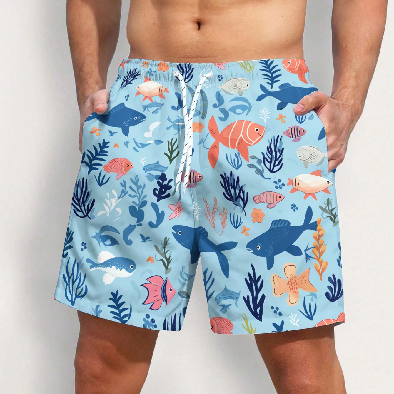 Fish 3D Printed Men\'s Beach Shorts Blue See World Bottoms Summer Quick Dry Swimwear Casual Loose Trousers Breathable Fabric