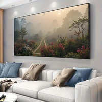 Winter Landscape Canvas Art - Serene Pink Roses & Misty Morning Garden Painting, Wall Decor for Living Room, Home Decoration