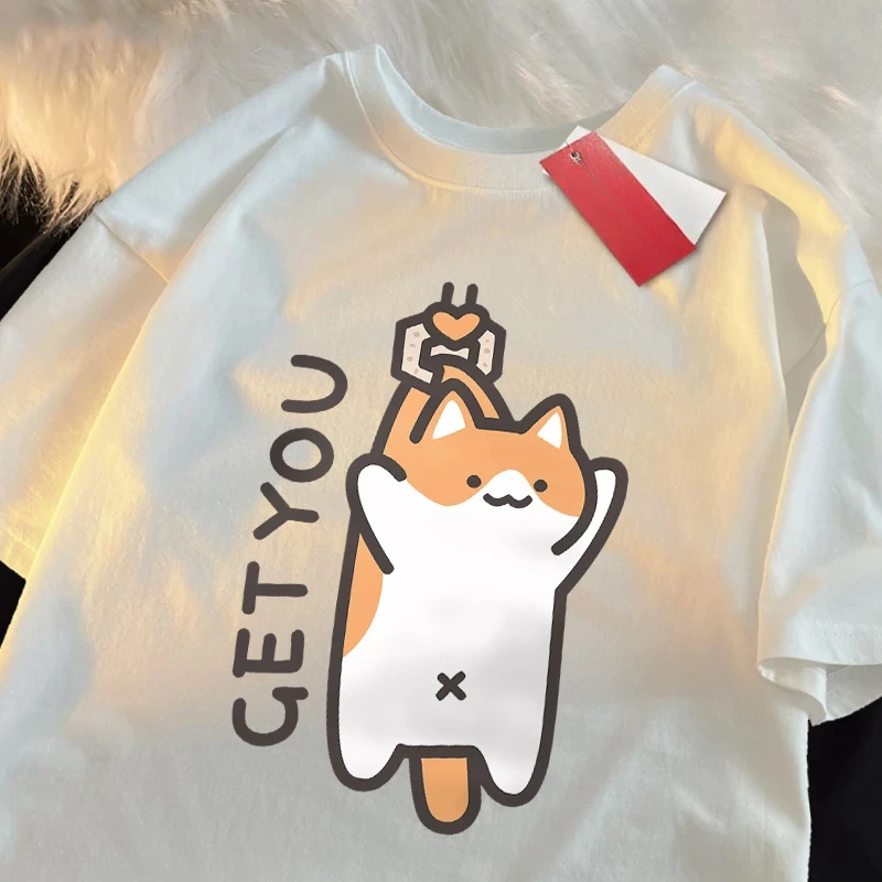 Catching Baby Fun Cat Print Japanese Style Clothes Women Fashion Oversize T-Shirt Casual O-neck Tops Summer Loose T Shirt Y2K