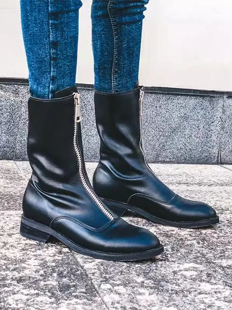 Fashion Women High Top Zipper Boots Winter Fleece Lining Motorcycle Biker Shoes Vintage Block Heels Genuine Leather Ankle Boots