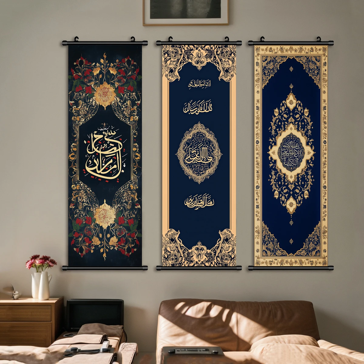 VIKAMA Muslim Arabic Art Wall Scroll Tapestry, Antique Gold Blue Floral Pattern, Islamic Fabric Poster, Home Wall Hanging Decor