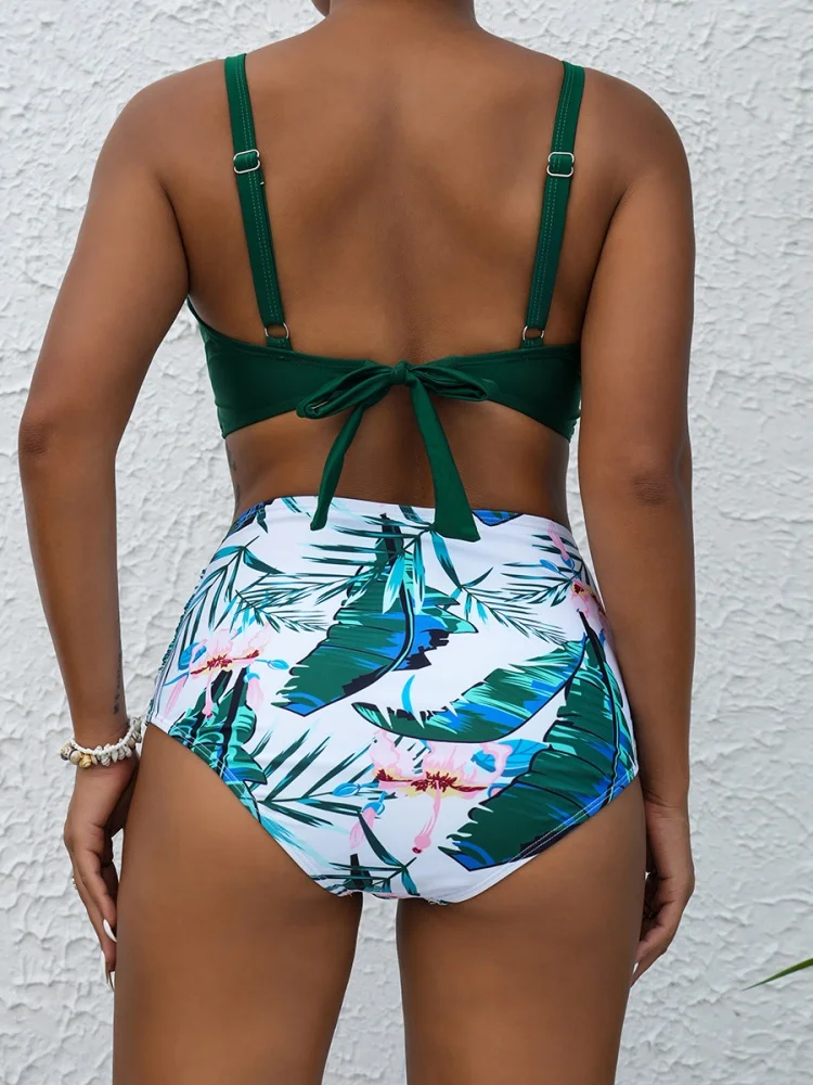 Bikini Women Swimsuit 2025 New Solid Print V Neck Bikinis Set Sexy High Waist Swimwear Summer 2 Piece Beach Bathing Suit Female