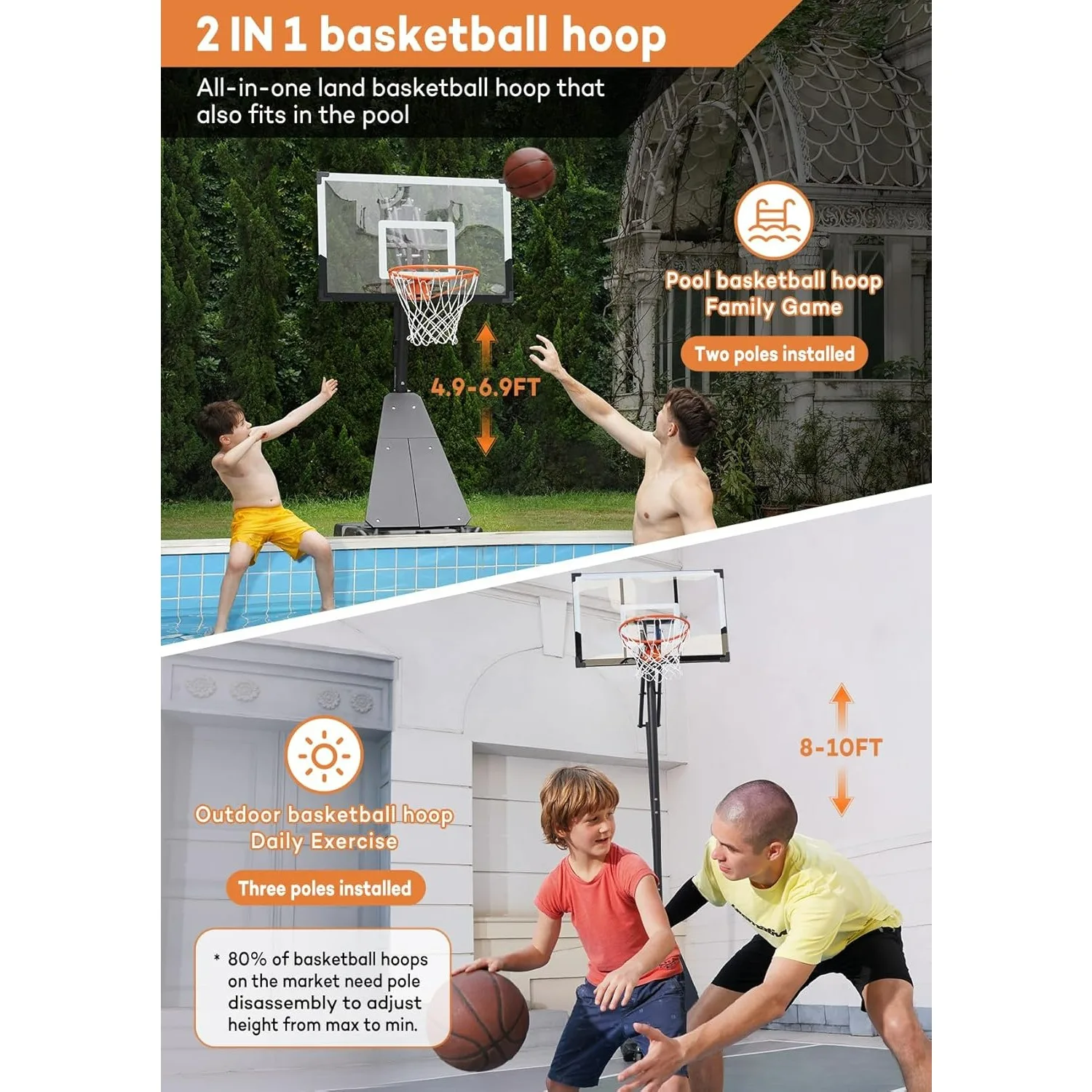 Basketball Hoop Outdoor System with 44 Inch Shatterproof Backboard, 4.8FT-10FT Height Adjustable Basketball Goal System