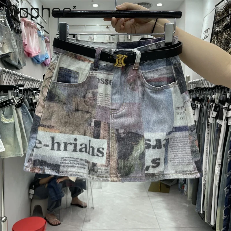 2024 Summer Fashion Newspaper Print Street Denim Skirts Women A Line High Waist Mini Skirt Casual Sexy Personality Skirts