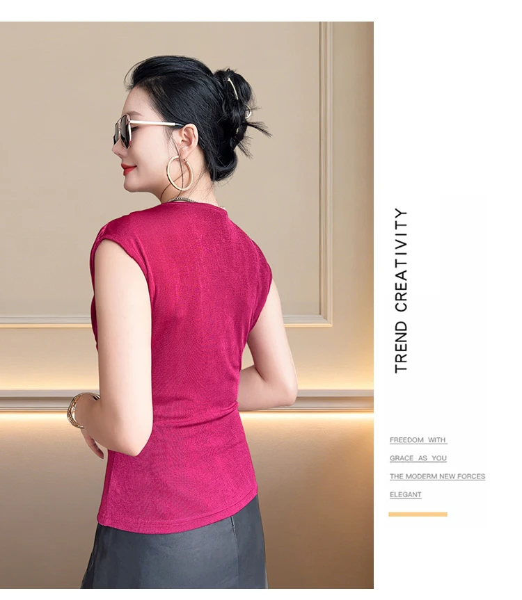 Crisscross V-Neck Mesh Ruched Short Sleeve Top, Off-Shoulder Solid Color Slim Fit T-Shirt for Women, Flattering & Stylish Summer