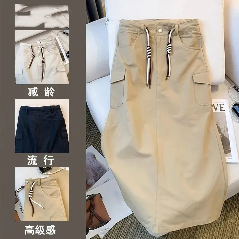 Damska spódnica maxi z wysokim stanem, kieszeniami i rozcięciem, nowość 2026, wiosna-lato, średniej długości, jednolita, duży rozmiar 4XL.