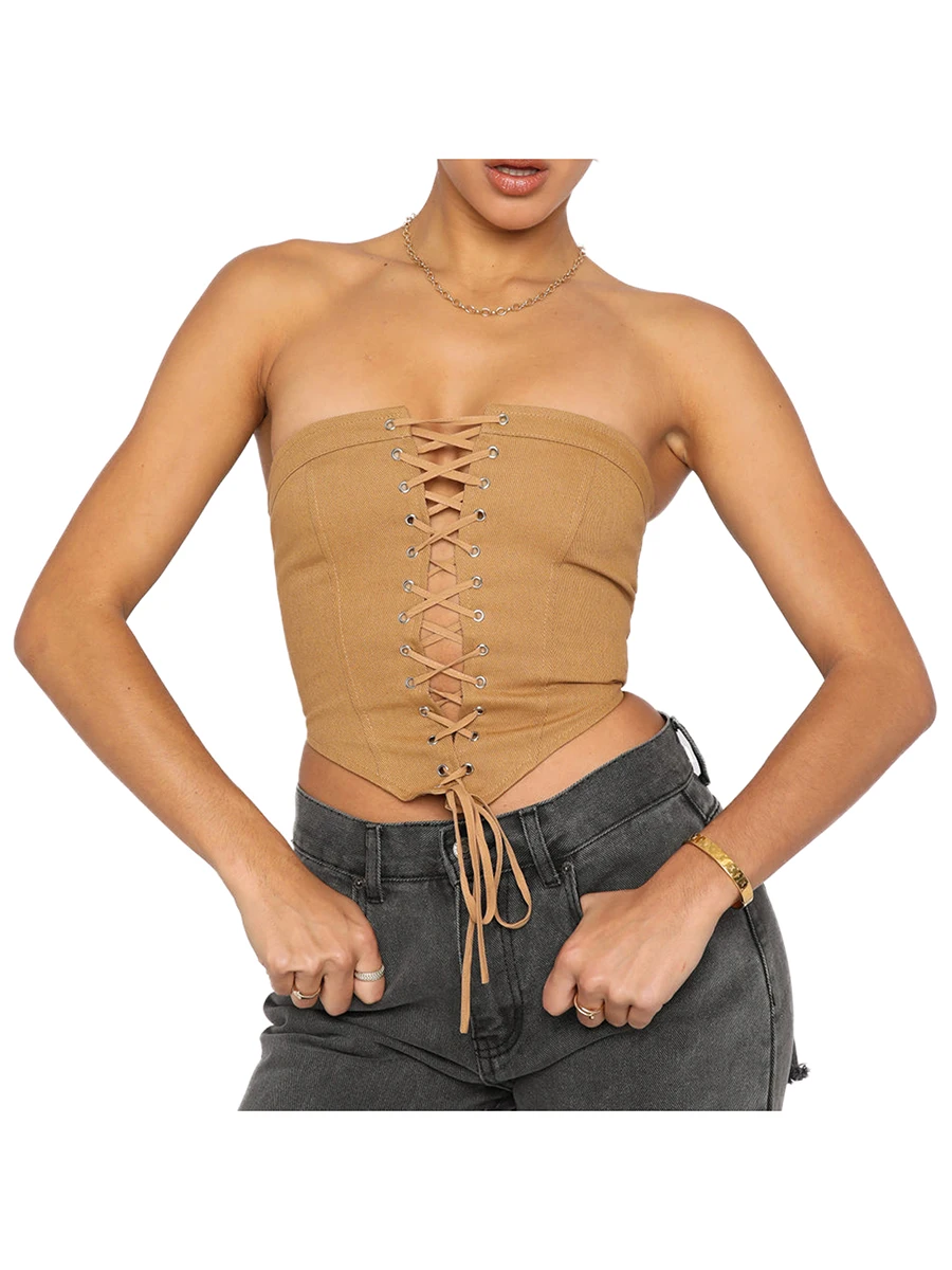 Women Strapless Corset Top Sexy Y2K Off Shoulder Front Lace Up Crop Vest Push Up Bustier Summer Slim Camisole E-Girl Streetwear