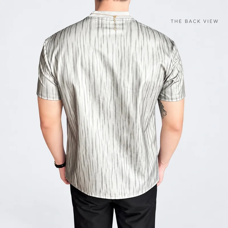 Men's Coated Polyester T-Shirt Slim Fit Short Sleeve Crew Neck Striped Top for Casual Evening Outfits and Daily Wear M-4XL