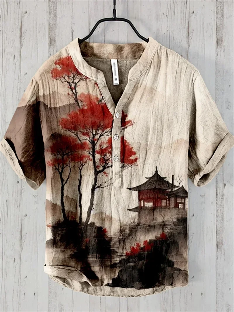 Fashion men's new style 100% linen summer stand collar linen men's Chinese style landscape painting short sleeves 2024 new