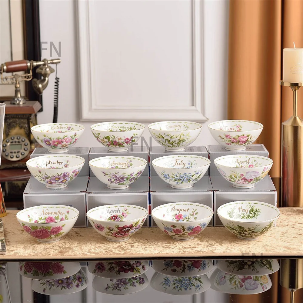 European 4.5-inch Bone China 2pc Rice Bowl Set Jan-Dec Months Floral Series Ceramic Tableware Gold Rim Tableware for Home