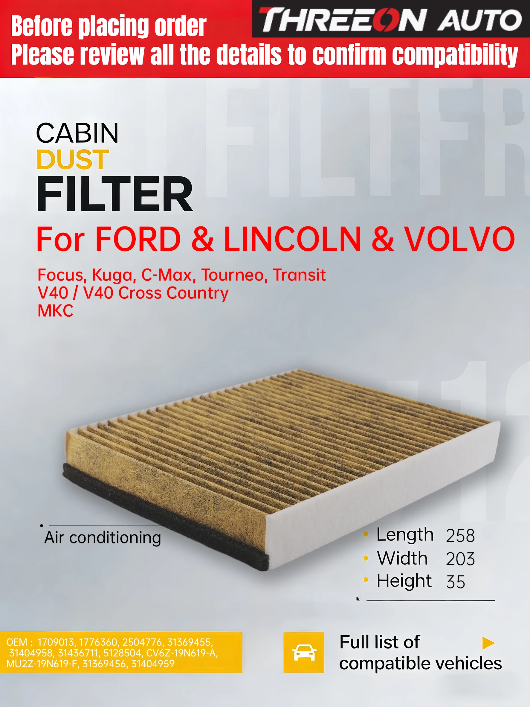For Ford Focus 3 C-MAX 2 Ford KUGA 2 TRANSIT V408 VOLVO V40 (525,526) 2012-  Activated Carbon Air Cabin Filter CU25007 MK9542