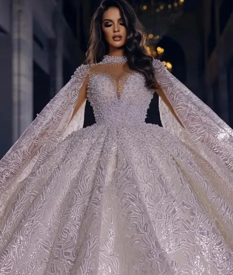 Customized 2026 Arabic Dubai Wedding Dresses High Neck Puffy Lace Crystal Beaded Sequins Women Bridal Gowns Vestidos De Novia