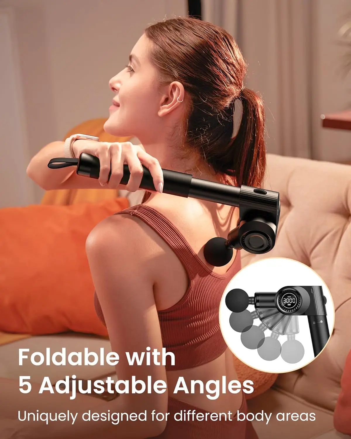 Pistola de masaje plegable de 32 velocidades con 5 ángulos, masajeador de percusión portátil para aliviar el dolor de espalda/cuello/cuerpo, mango largo de Metal, coche