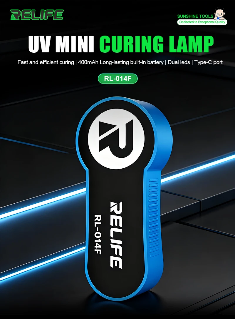 RELIFE RL-014F Mini Portable UV Curing Lamp, Type-C Rechargeable, Dual LED, 395nm Fast Curing for UV Glue Phone Repair