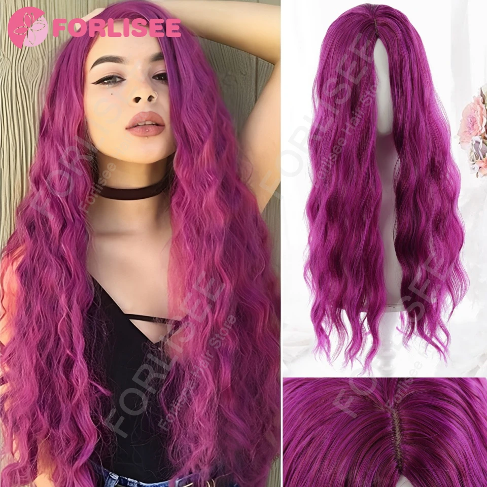 

FORLISEE длинные вьющиеся фиолетовые парики из синтетических волос с челкой, косплей для женщин, афро-водная волна, натуральный термостойкий парик LM