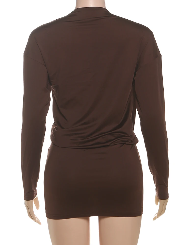 Nibber Cross Deep V-Neck Dress Women Full Sleeve Stretch Solid Midnight Street Clubwear Party Autumn Trend Elegant Mini Bodycon - Image 6