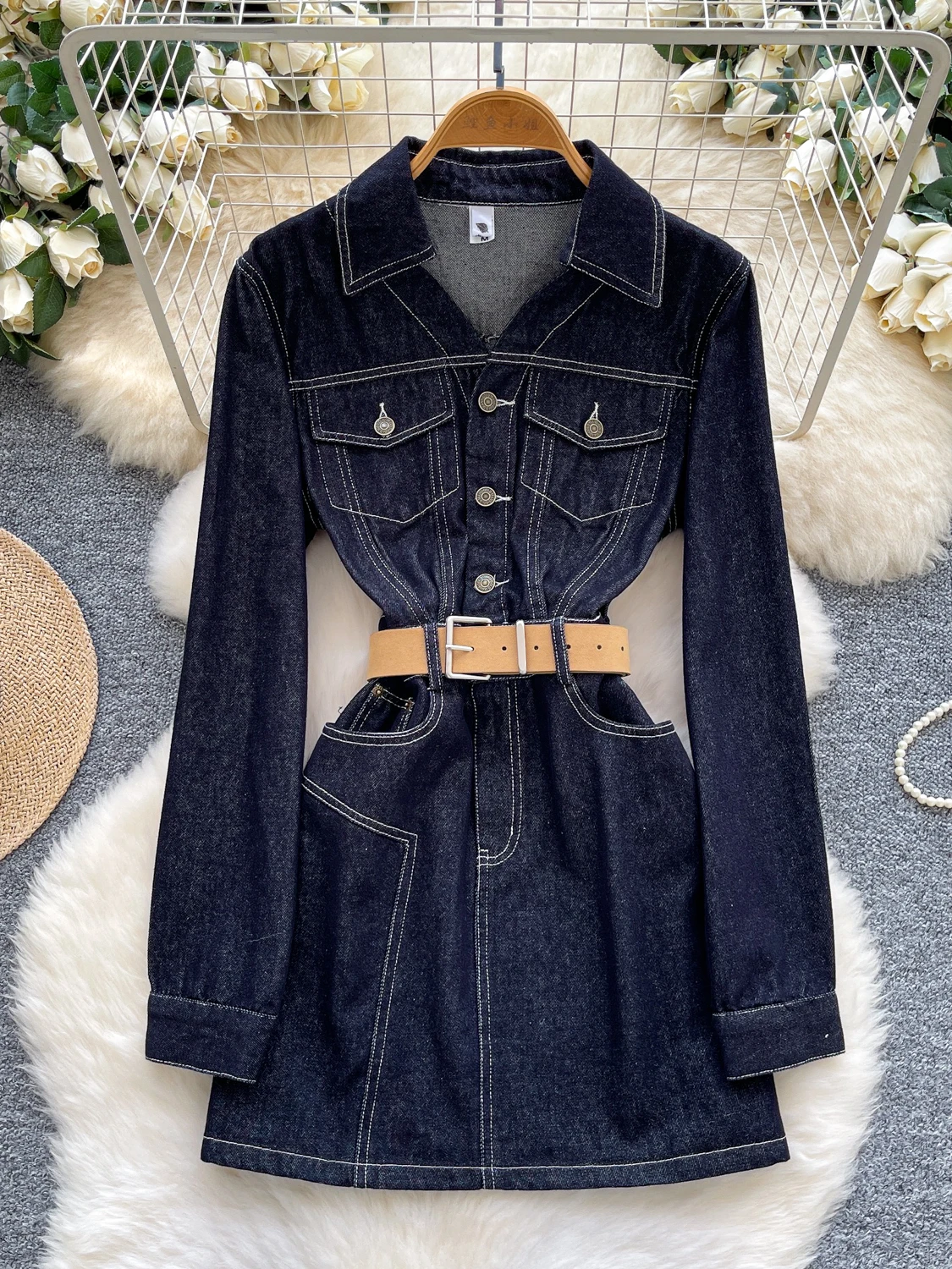 

Повседневная джинсовая юбка в Корейском стиле Faion Long Sve, женская осенняя новая металлическая юбка с высокой талией, свободная посадка с полосками W...