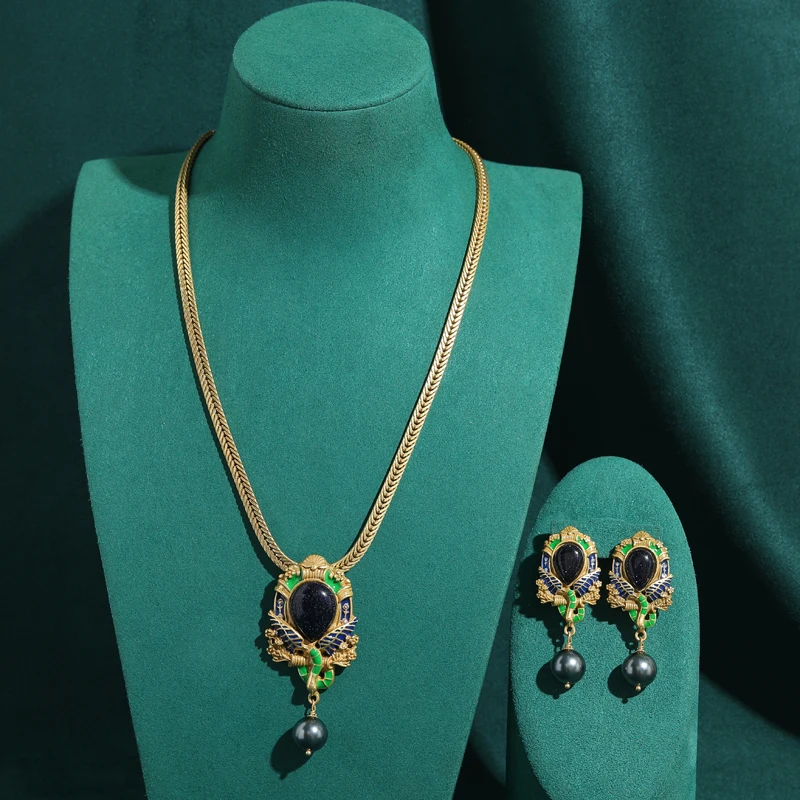 Vintage Black Agate Enamel Snake Patterned Jewelry Sets Necklace Earring Green Luxury Brand Design Trends 2026 New Party Gift