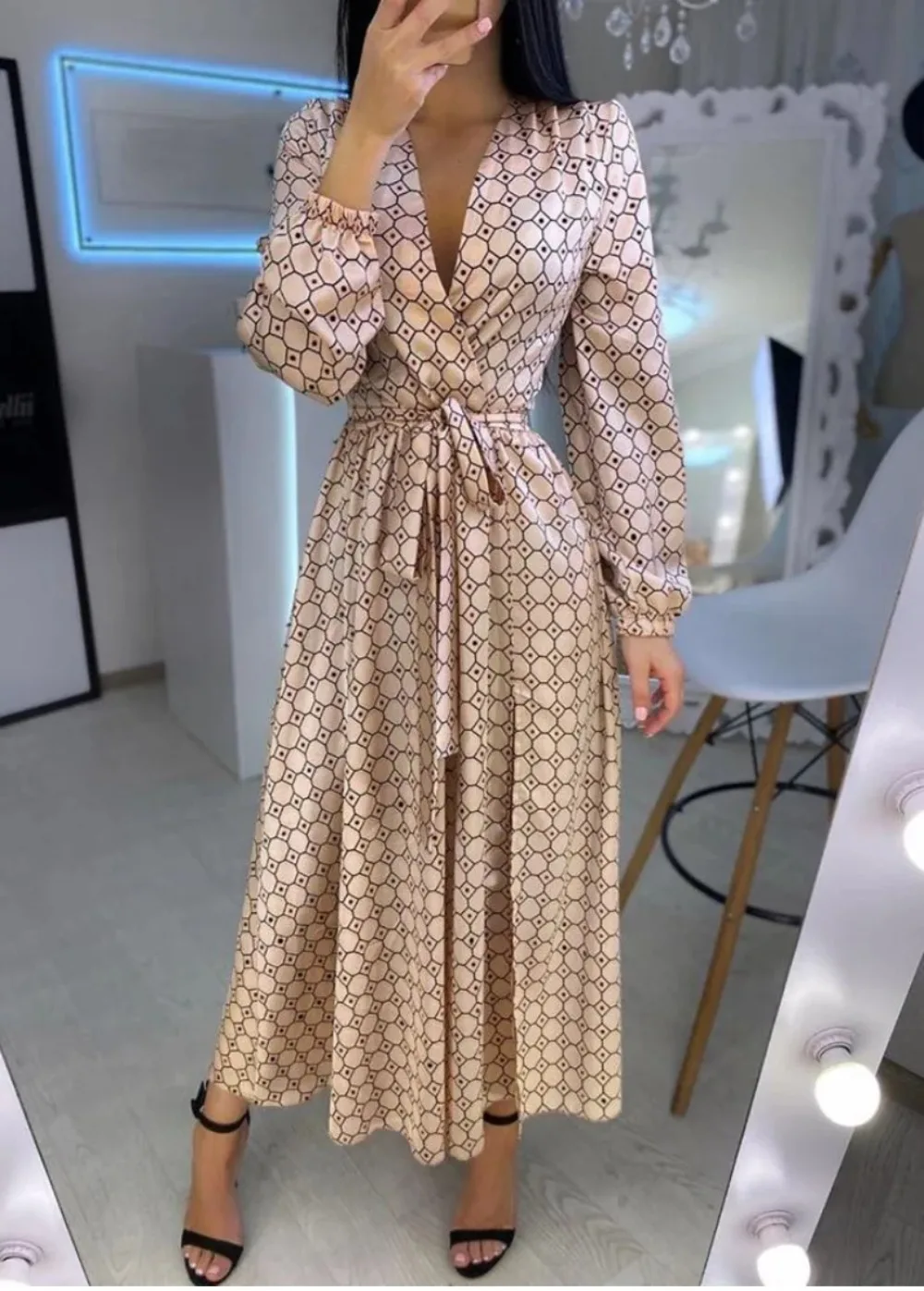 Geometry Polkadot Print V Neck Wrap Long Dress 2024 Elegant Women Plunge Wrap Party Dress Maxi Dresses Vestidos