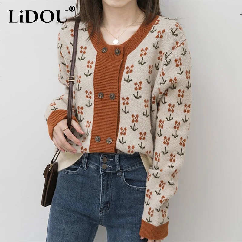 Autumn Winter Korean Style Vintage Jacquard Patchwork Cardigan Sweater Female Loose Casual All-match Knitted Coat Ladies Outwear