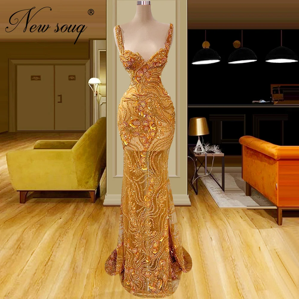 

Arabic Dubai Orange Pearls Evening Dresses Custom Made Spaghetti Straps Long Pageant Gowns Party Engagement Dress For Prom Robes