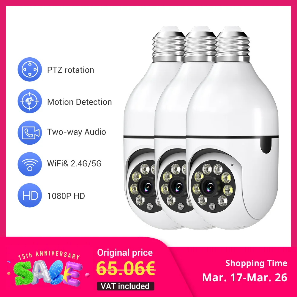 3Pc Ease Life APP-Light Bulb Security Cameras Outdoor Wireless WiFi Camera 5GHz, 360 Degree, E27 Light Socket Screw In Securi