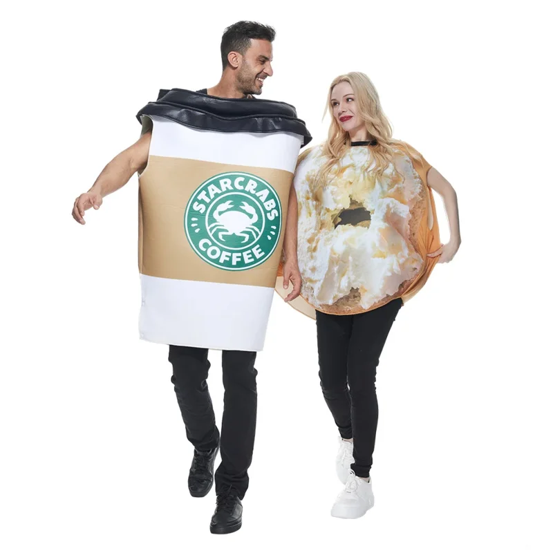 Eraspooky Halloween Party Couple Costume Funny Adult Bagel And Coffee Costume Donut Coffee Cup Cosplay Outfit Carnival 2pcs Set