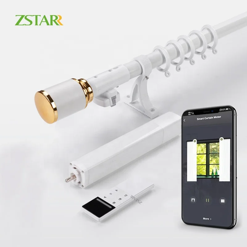 ZSTARR Electric Remote Control App Smart Windows Decorative Single Curtain Drapery Rods Poles Accessories With Modern Cap Finial