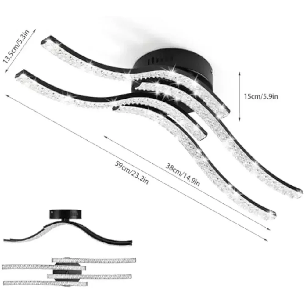 5500K branco frio 32W 4 lâmpada de teto acrílica de cristal paralelo, perfeita para quarto e cozinha, luzes de teto curvadas LED