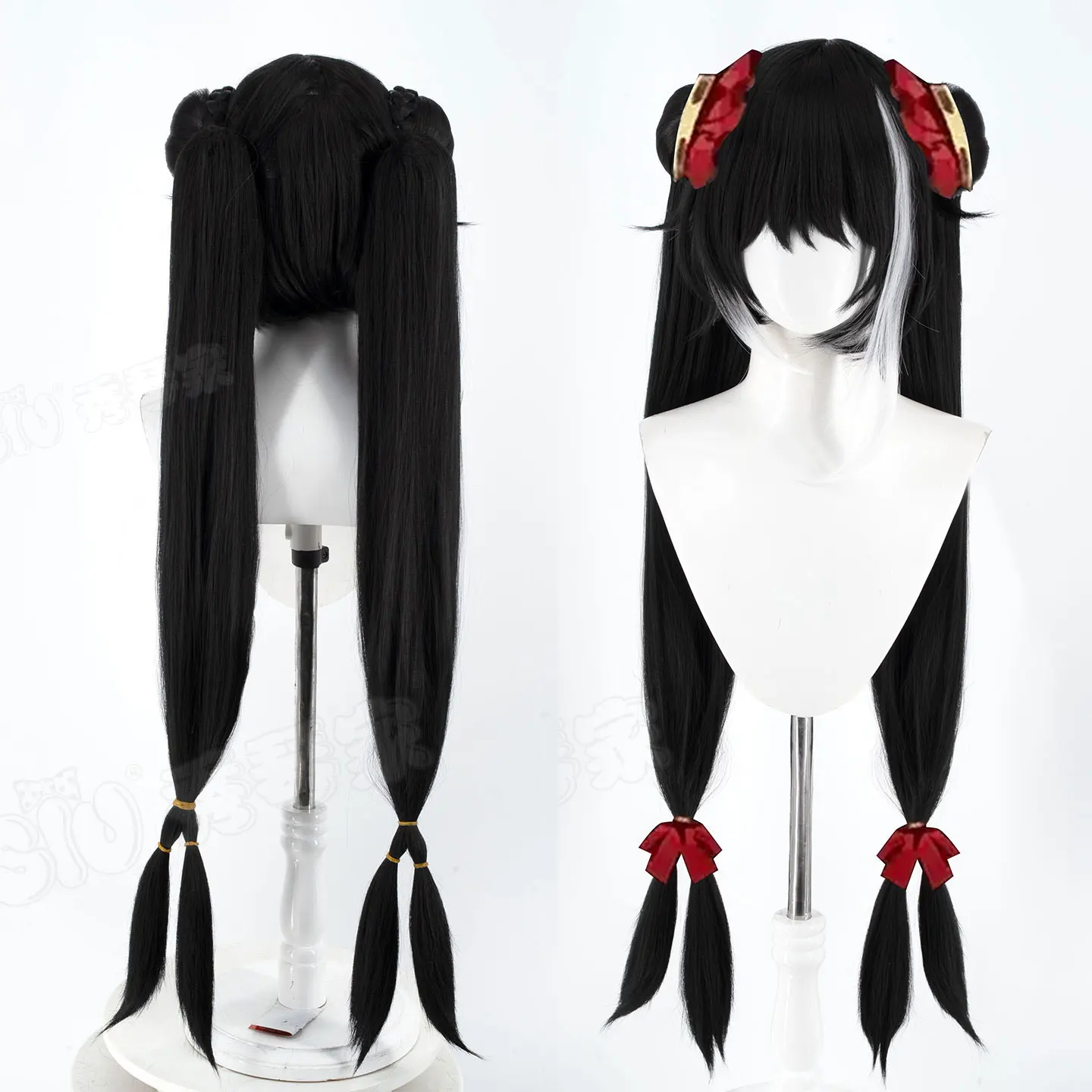 أنيمي لعبة ليمبوس شركة جيا Xichun شعر مستعار تأثيري أسود-أبيض طويل ذيل حصان النساء هالوين حفلة لعب الأدوار الدعائم بيروكات صناعية #2