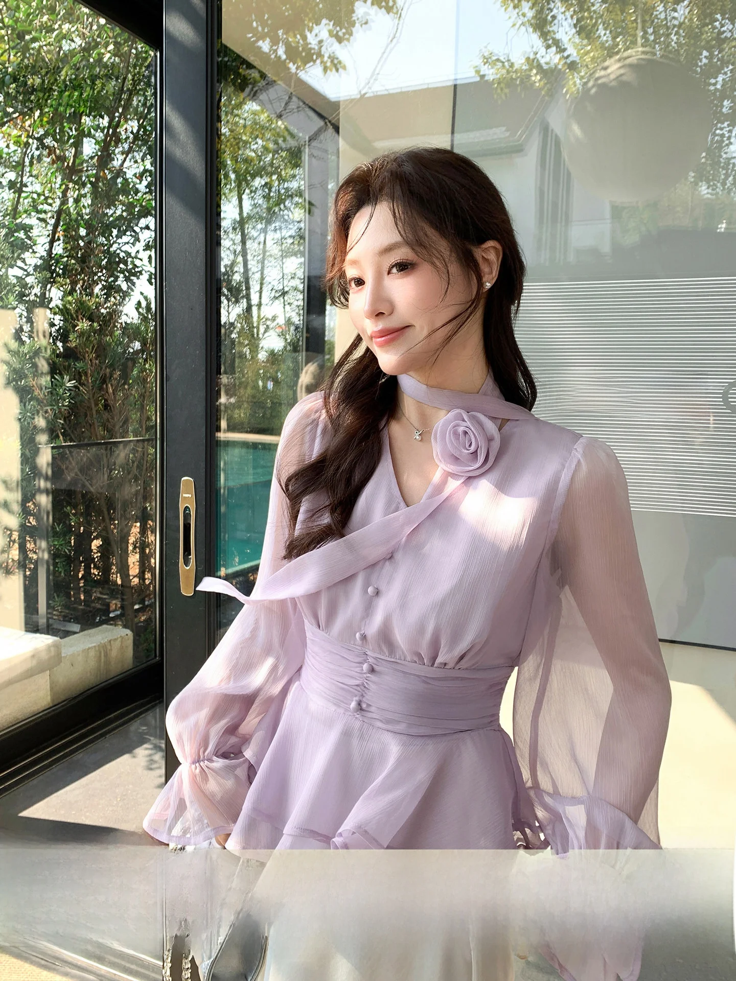 

Ele Sle Women's Long Sve Chiffon irt with Waist Cinching Bow Tie And Lace Trim Spring Fairy Collection