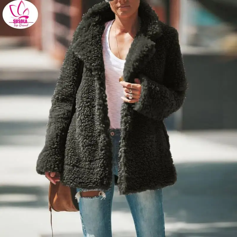 Plush Coat Women Fur Lamb Thicken Autumn Warm Long Sleeve Female Jackets Overcoat Outerwear Faux Fur Coat For Women