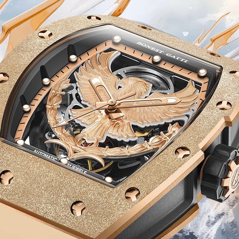 Bonest Gatti New Eagle Watch هيكل من الفولاذ المقاوم للصدأ وحزام مطاطي ساعة ميكانيكية فاخرة للرجال