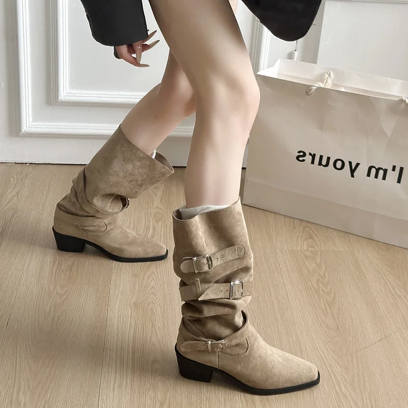Women High Boots Trend Retro Metal Buckle Pointed Toe Thick Heel Tassle Western Cowboy Boots Female Shoes Botas De Mujer 2026
