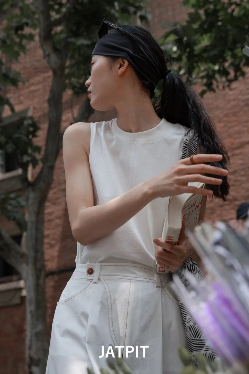 

Женский летний жилет свободного кроя из чистого хлопка с асимметричным дизайном и круглым вырезом JATPIT Independent Design