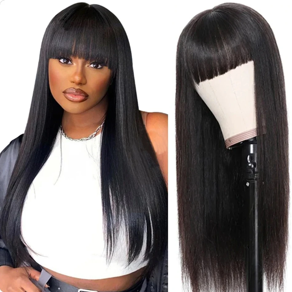 Bone Straight Wig With Bang 3x1 HD Lace Closure 30 Inch Human Hair Bob Wig Full Machine Made Fringe Glueless Wear And Go Wigs