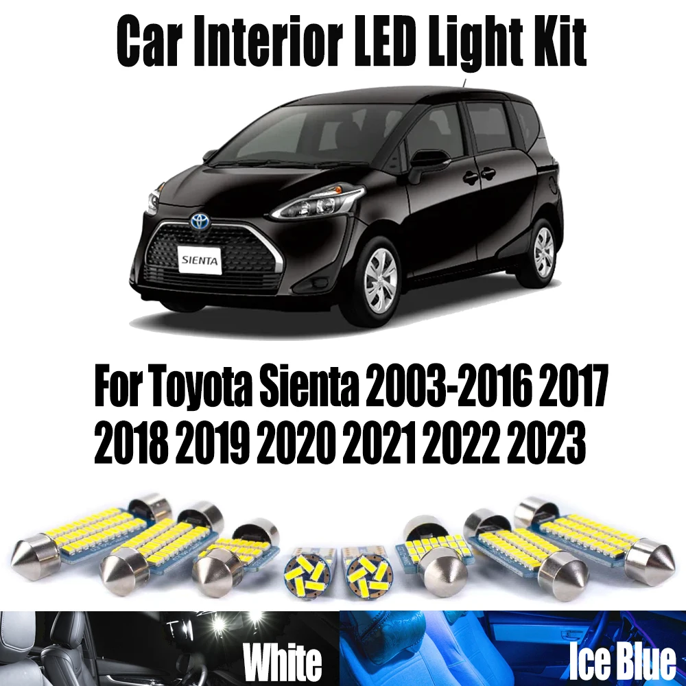 

Для Toyota Sienta 2003-2017 2018 2019 2020 2021 2022 2023 Автомобильный номерной знак Лампы с куполом для багажника Canbus Комплект внутреннего светодиодного освещения