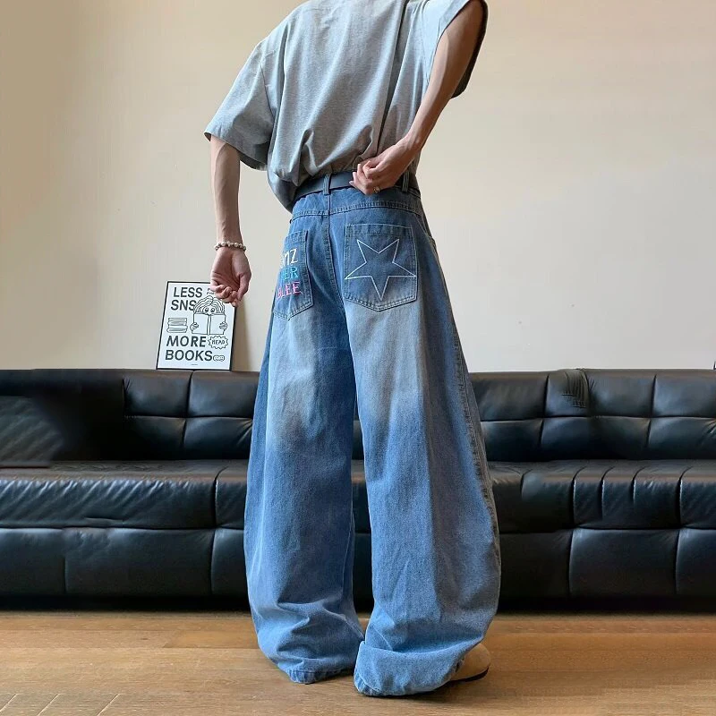 WTHT موضة الرجال التطريز التدرج فضفاض الدنيم السراويل العصرية عادية عالية الخصر واسعة الساق الجينز الذكور 2025 الصيف 2A1226 #5