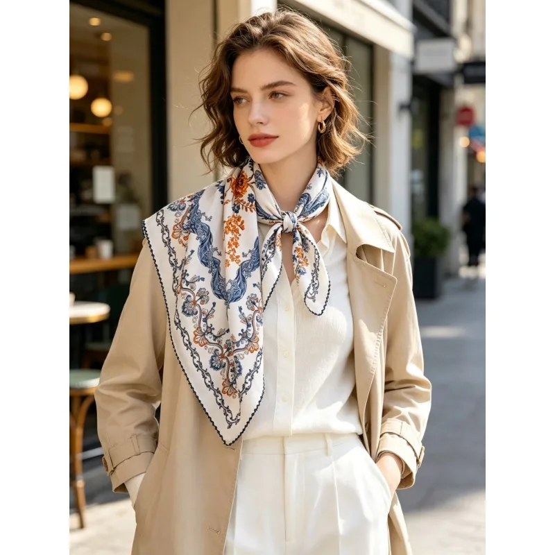 100% Mulberry Silk 70x70cm White Vintage Blue Orange Floral Vine Double Border Square Scarf Bandana Women Travel Holiday Gift