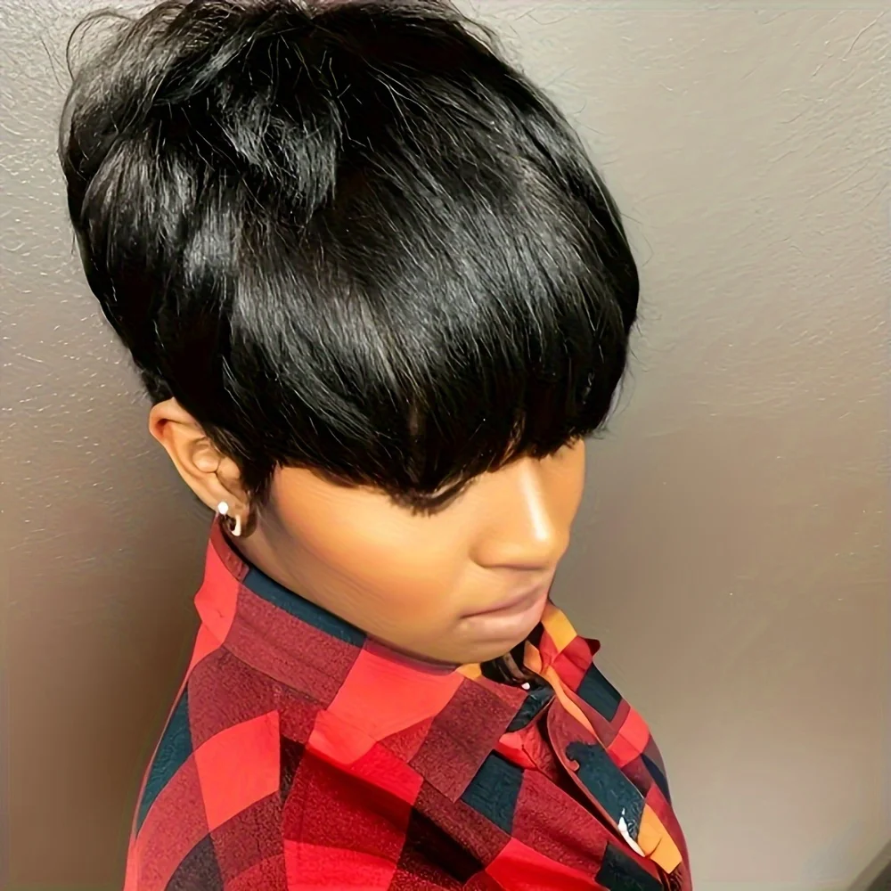 4 # 99J/1Bカラーのピクシーカットストレート人毛ウィッグ、女性用フルマシンメイドウィッグ、ショートレイヤードストレートウィッグ（前髪付き）