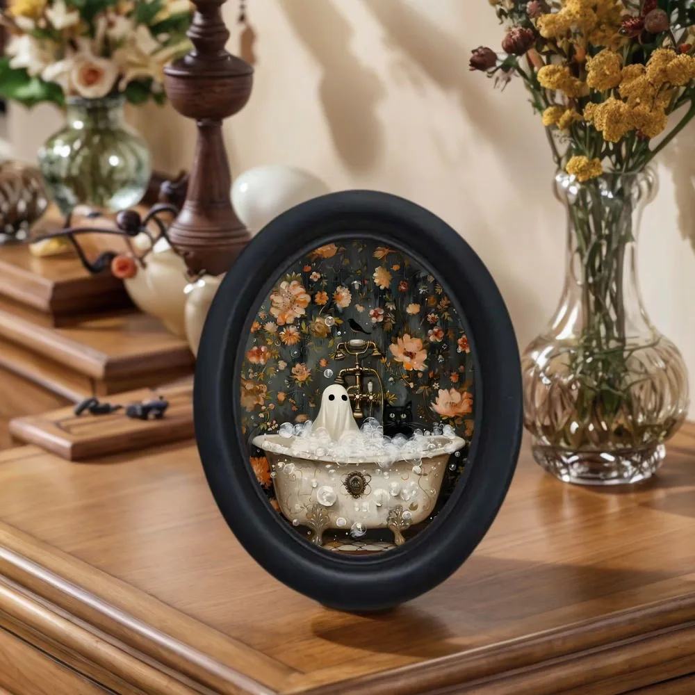 1 pièce de décoration murale vintage fantôme et chat noir, art mural 3D de style gothique victorien — Panneau décoratif ovale, impression par transfert photo artisanale, idéal pour les décorations d'Halloween, de Noël, de Thanksgiving, art mural d'ambiance sinistre pour chambre sombre.
