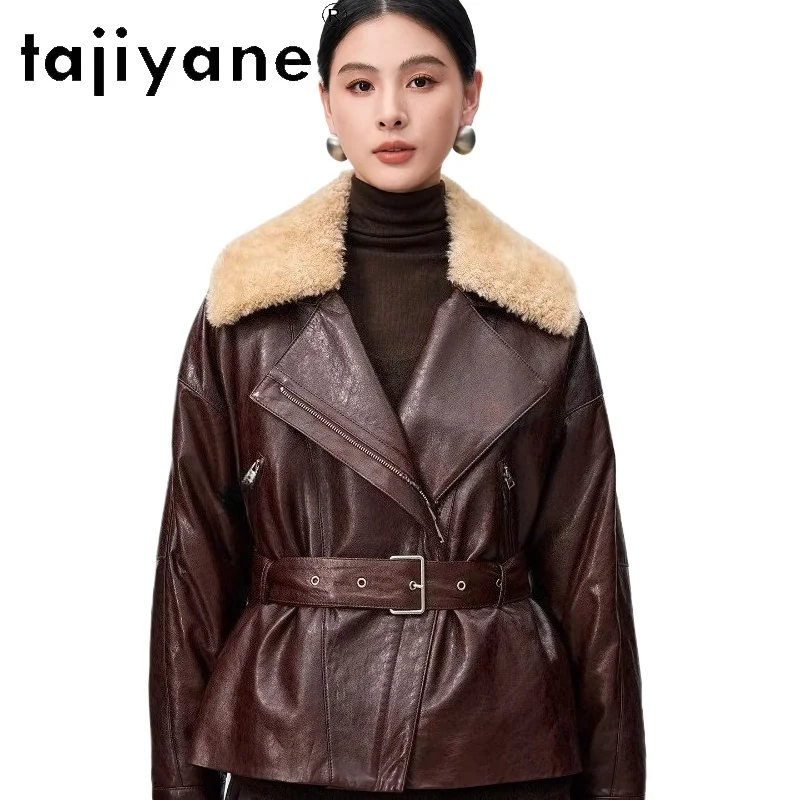 TAJIYANE 리얼 양가죽 구스다운 코트 여성용 울 칼라 패딩 재킷 진짜 가죽 재킷 여성용 2025 여성 의류