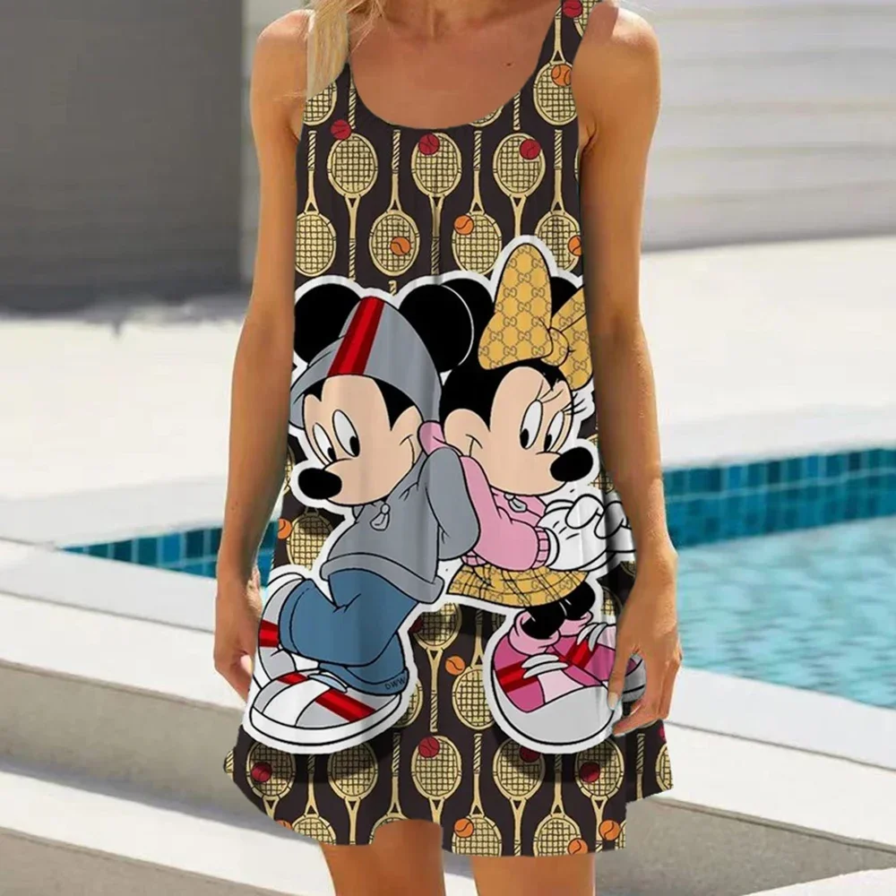 Modna sukienka na ramiączkach Mickey Mouse seksowna sukienka plażowa drukuj damskie sukienki bez rękawów hawaje Vintage kostiumy kąpielowe