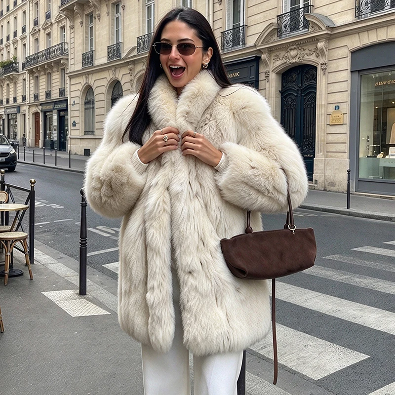 Luxury Ladies Faux Fox Fur Coat Shawl Collar Long Sleeves Loose Mid-length Plush Jacket Winter Trendy High Street Warm Outerwear