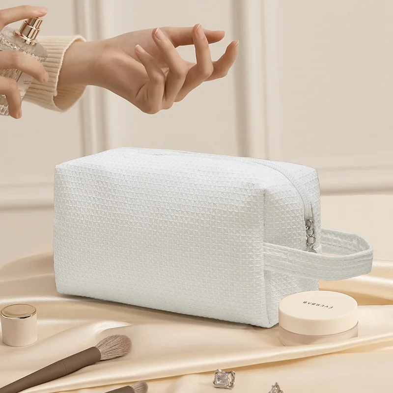 Pure cotton waffle makeup bag, travel portable storage, hand-held toiletry bag with large capacity