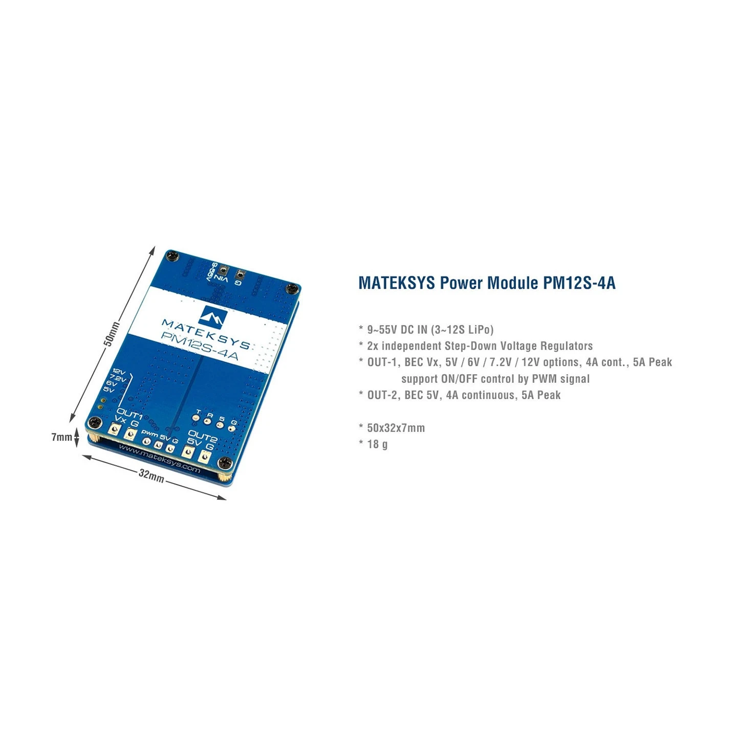 MATEK Mateksys PM12S-4A Power Module Independent Step-Down Regulator 9~55V DC-IN RC Multicopter Airplane UBEC