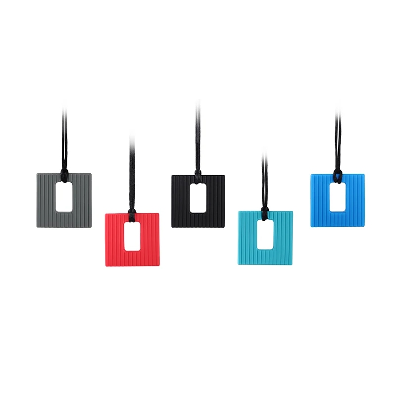 Silicone Teething Necklace Baby Teethers Spuare Blocks Sensory Pandent Chewing Toy for Kids Boys Girls Autism