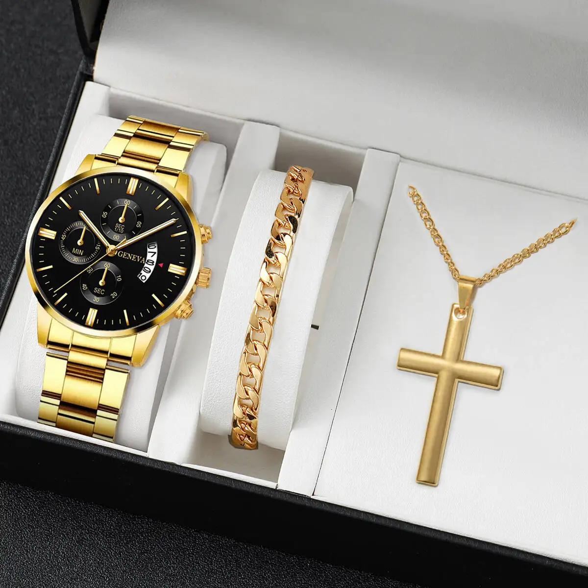 서프라이즈 미스터리 시계 블라인드 박스-3개/세트 패션 남성용 캘린더 쿼츠 시계 주얼리 세트 Reloj Hombre(상자 제외)