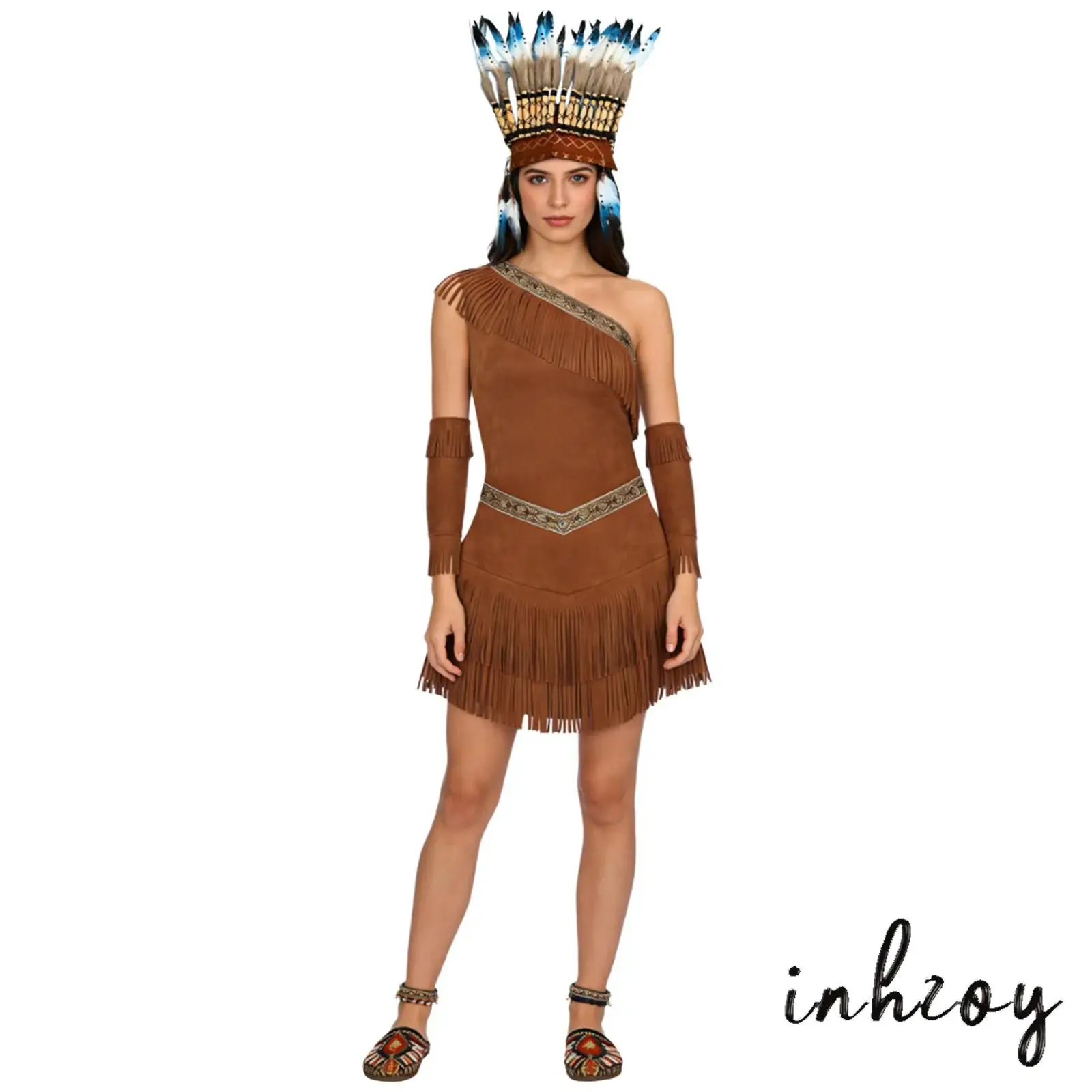 

Womens Primitive Man Tribe Princess Dress Outfits One Shoulder Sleeveless Fringe Dress+Tassel Sleeves+Tablita Feather Headwear